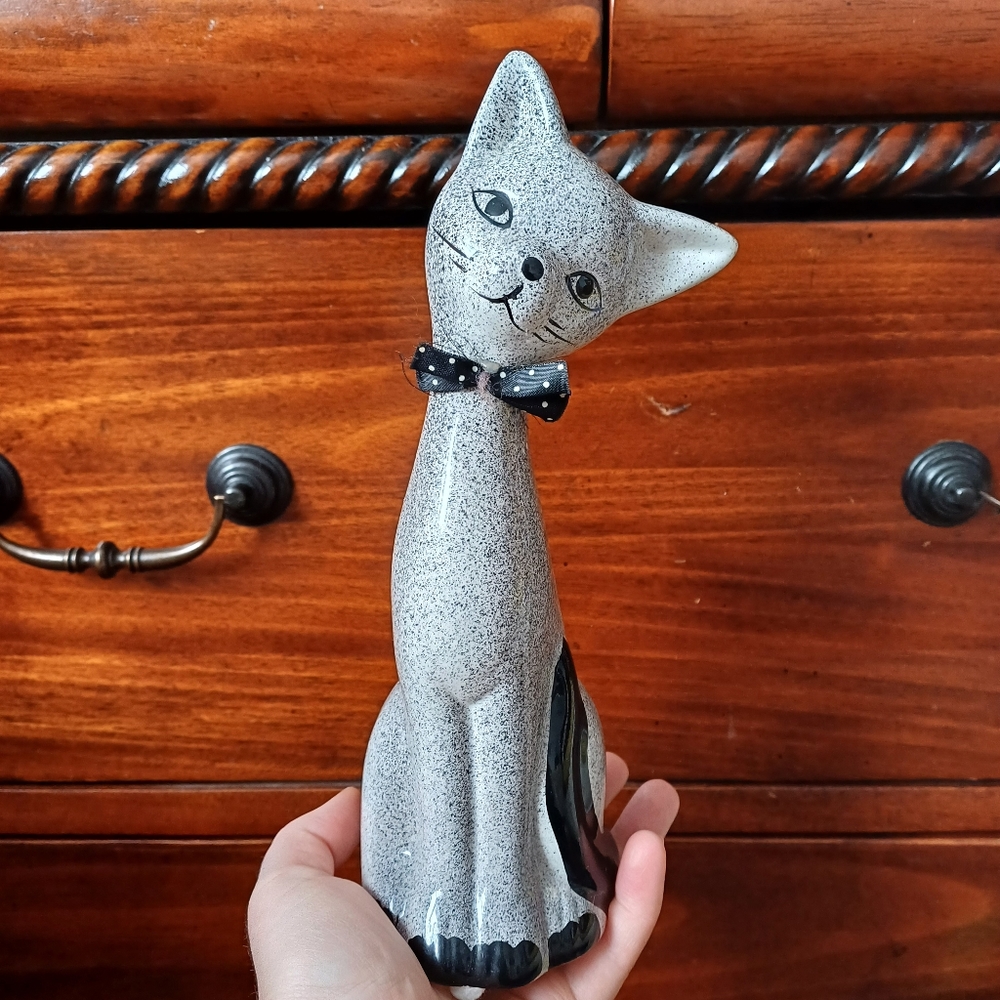 Ceramic Grey and Black Cat with Bow Tie Figurine 9.5"